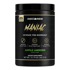 Anabolic Warfare Maniac Apple Ambush bottle ready for workouts with energy and focus.