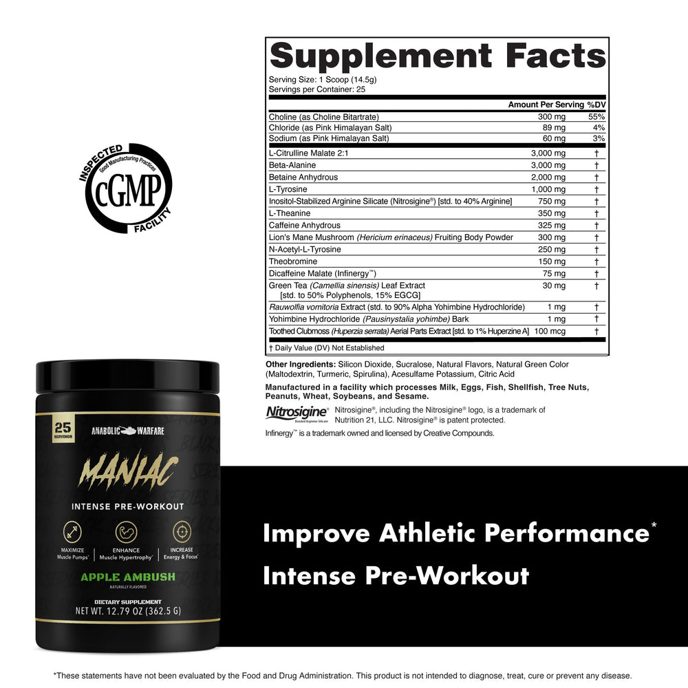 Anabolic Warfare Maniac Citrulline Malate promotes nitric oxide-driven pumps.