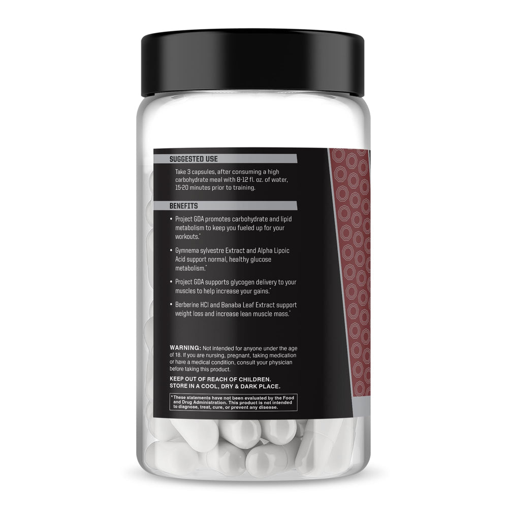 Anabolic Warfare Project GDA powder tub with clear serving size guidance.