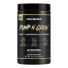 Anabolic Warfare Pump-N-Grow bottle front highlights stimulant-free pre-workout benefits.