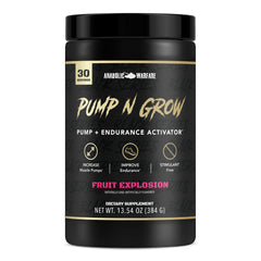 Anabolic Warfare Pump-N-Grow Fruit Explosion label highlighting caffeine-free pump support.
