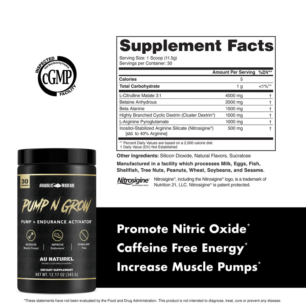 Anabolic Warfare Pump-N-Grow packaging emphasizes L-Arginine and Beta-Alanine.