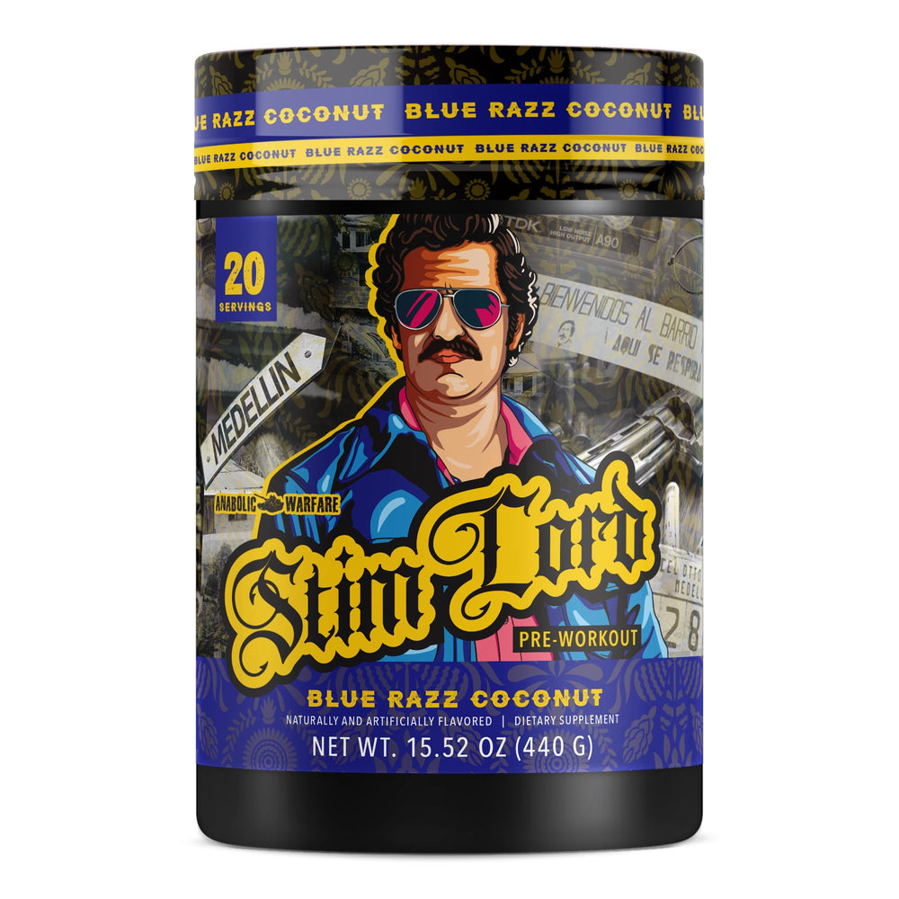 Stim Lord blue razz coconut front label highlighting bold branding and energy blend