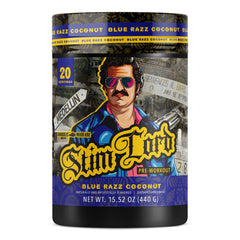 Stim Lord blue razz coconut front label highlighting bold branding and energy blend