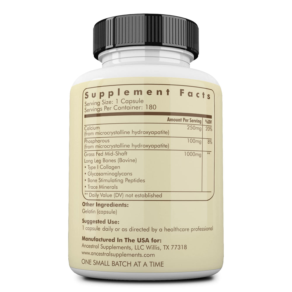 Ancestral Supplements Beef Living Bone capsules label shows joint flexibility support