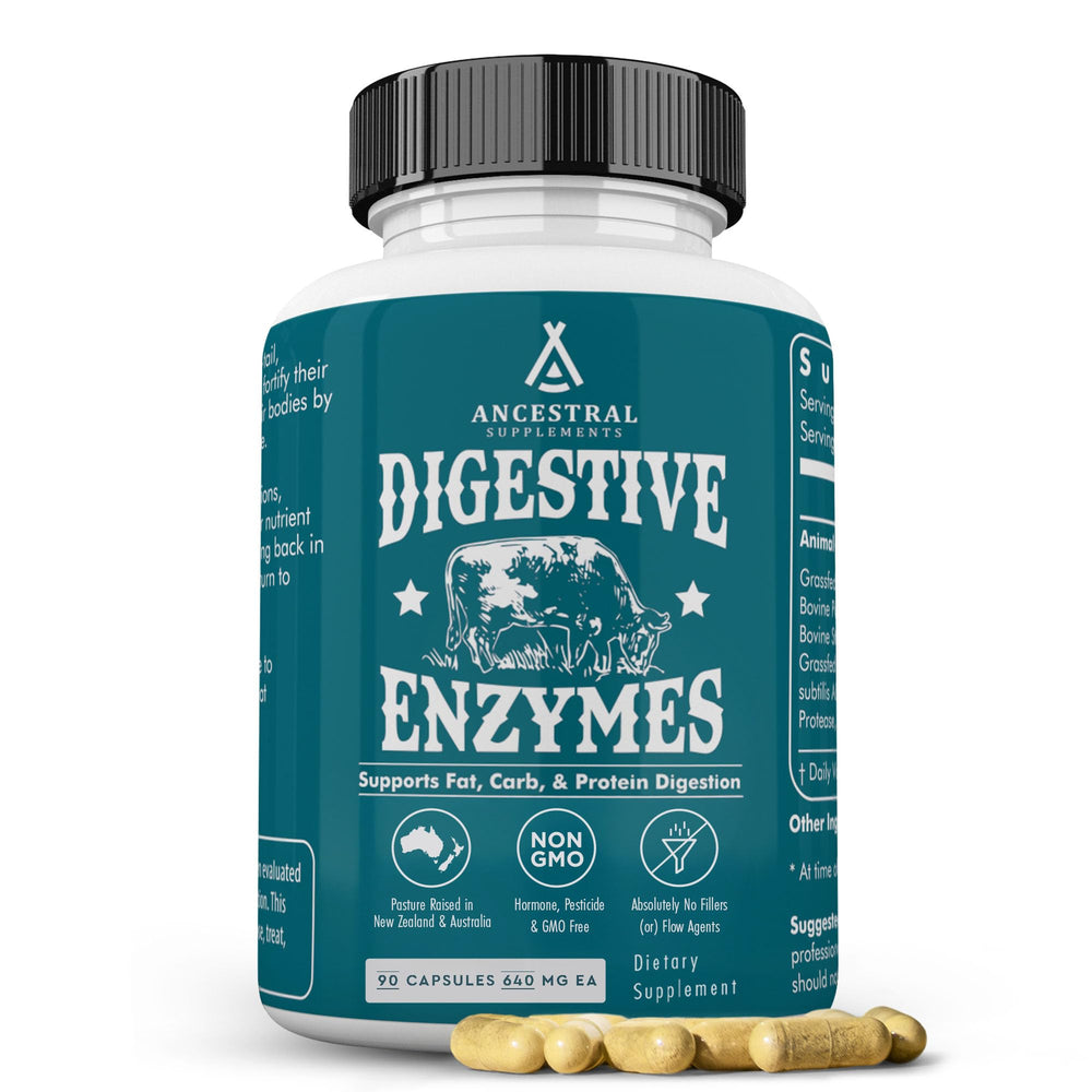 Ancestral Supplements Digestive Enzymes bottle front promotes digestion and nutrient absorption.