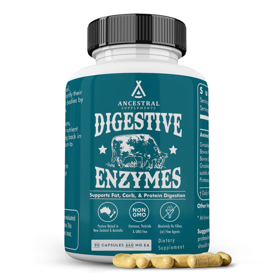 Ancestral Supplements Digestive Enzymes bottle front promotes digestion and nutrient absorption.