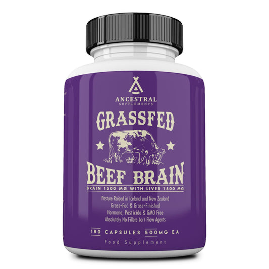 Ancestral Supplements grass-fed beef brain liver capsules bottle on shelf for daily brain support.