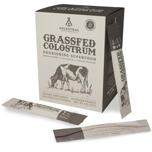 Ancestral Supplements grass-fed colostrum packet on the go for immune support.