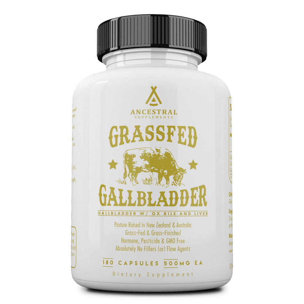Ancestral Supplements grass-fed beef gallbladder capsules close-up for digestive support.