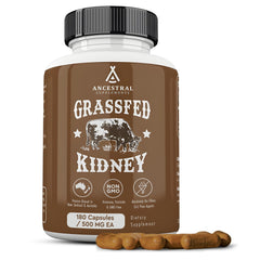 Ancestral Supplements grass-fed beef kidney supplement bottle highlights 3000mg potency for kidney support