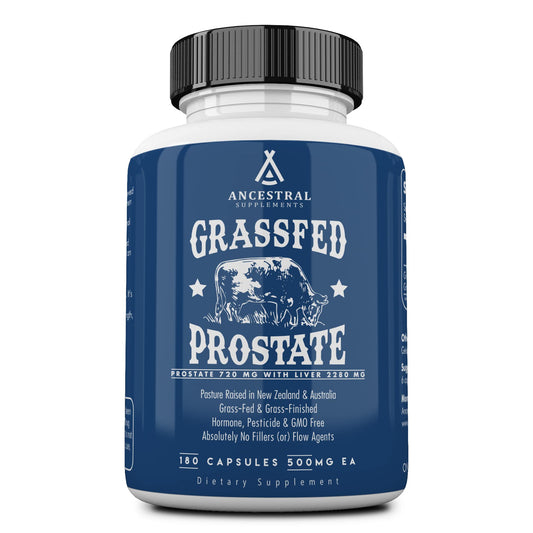Ancestral Supplements beef prostate bottle highlighting prostate health support.
