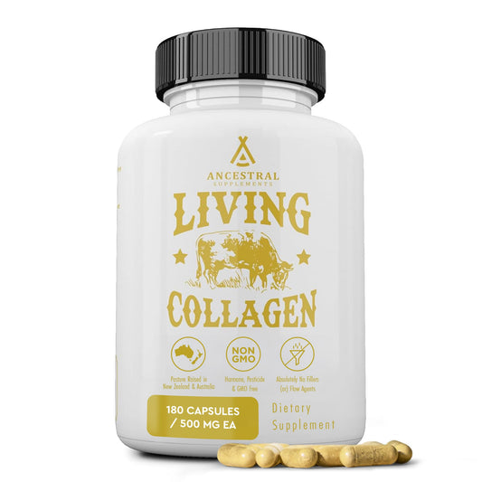Ancestral Supplements living collagen bottle on a clean countertop for daily beauty support.