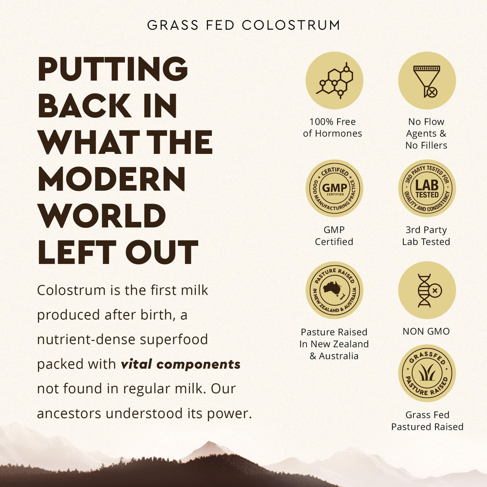 Green pasture imagery highlights New Zealand and Australia grass-fed origins.