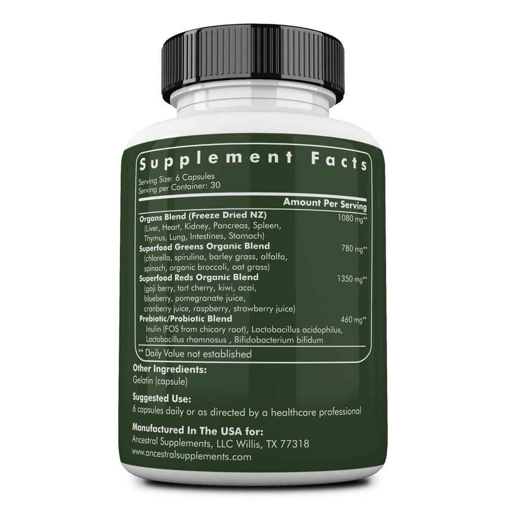 Ancestral Supplements greens and Reds blend packaging highlights nutrient-dense ingredients for daily vitality.