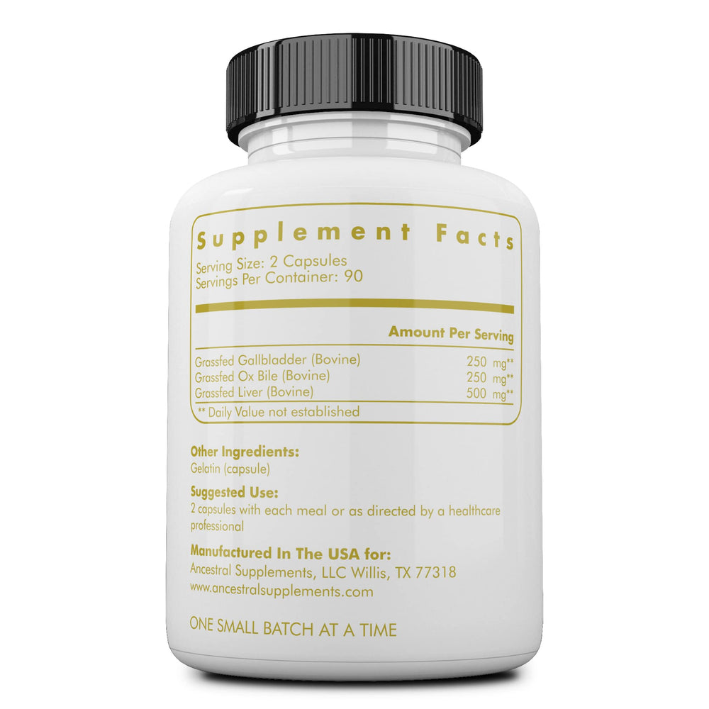 Ancestral Supplements liver and gallbladder capsule bottle demonstrates liver benefits for immune support and skin health.
