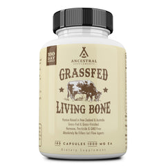 Ancestral Supplements Living Bone bottle pour highlighting calcium-rich formula for bone support