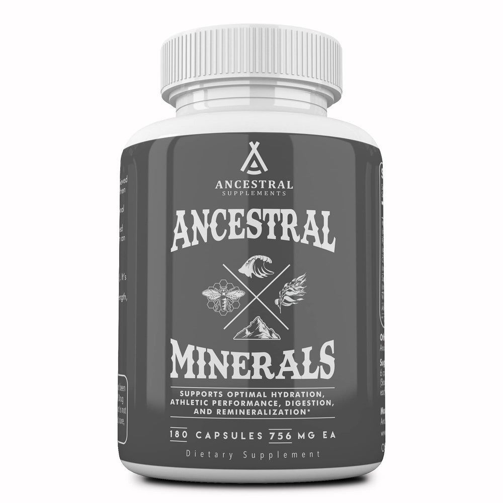 Ancestral Supplements Minerals & Electrolytes bottle front supports hydration and wellness.