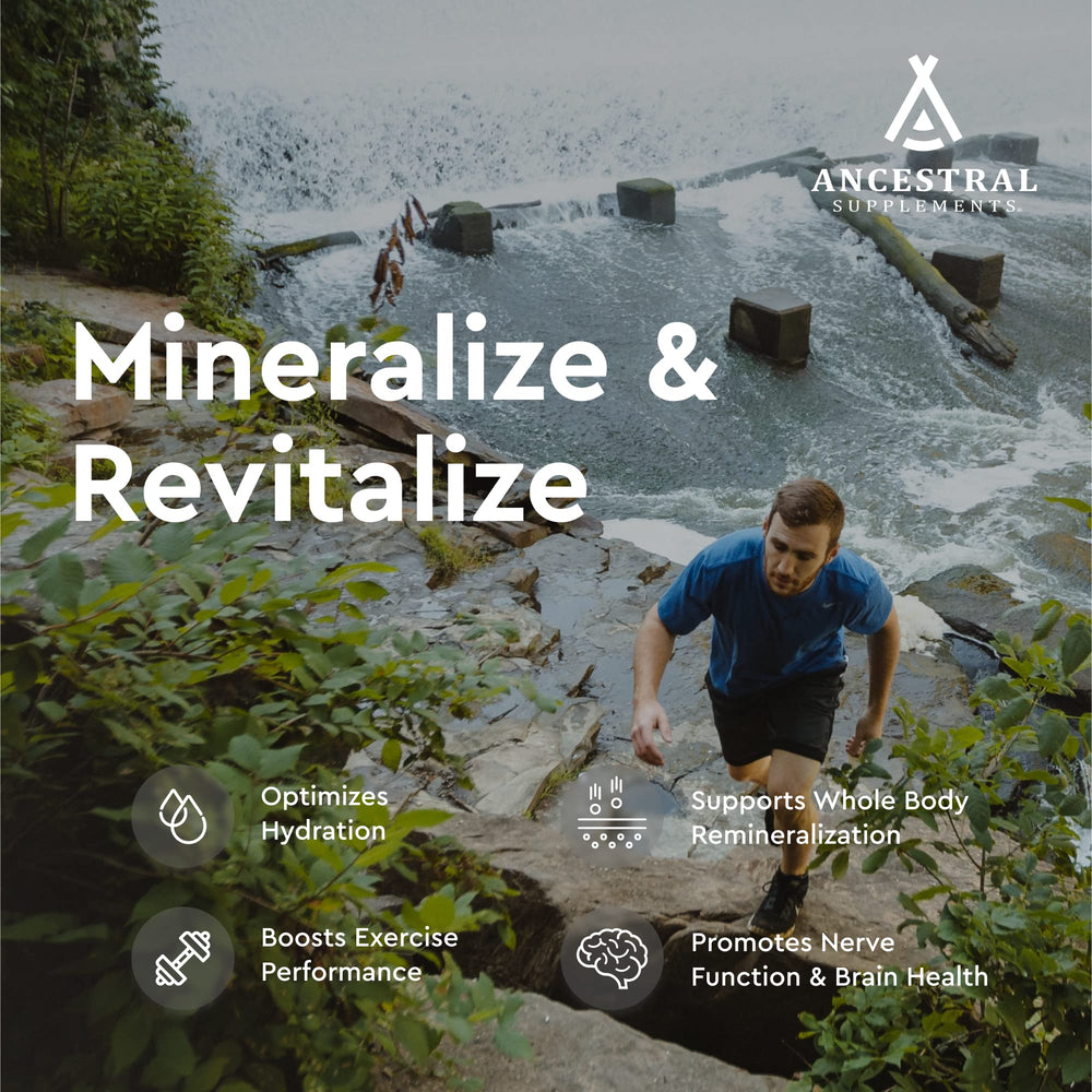Ancestral Supplements Minerals & Electrolytes capsules close-up suggests portable daily support.