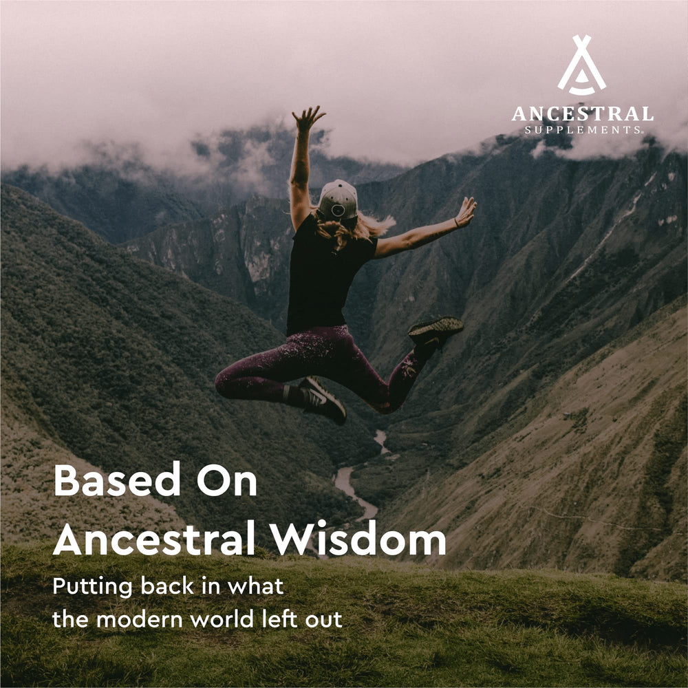 Ancestral Supplements Minerals & Electrolytes packaging highlights natural mineral blend for daily vitality.