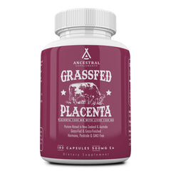 This image shows Ancestral Supplements placenta-liver capsules bottle close-up for postpartum nourishment.