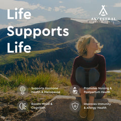 This close-up displays Ancestral Supplements placenta-liver capsules, emphasizing skin vitality through beef liver nutrients.