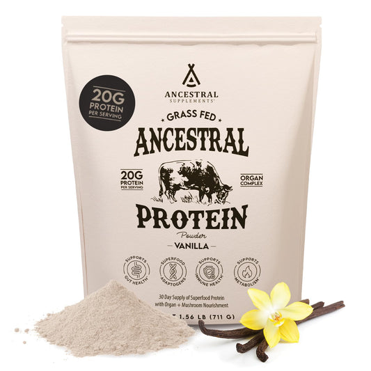Ancestral Supplements vanilla protein powder bottle shows 20g protein per serving.