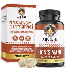 Ancient Bliss Lion's Mane bottle on a clean desk, hinting at daily cognitive support
