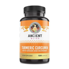Close-up of Ancient Bliss bottle with capsules and ginger artwork emphasizing high-potency turmeric.