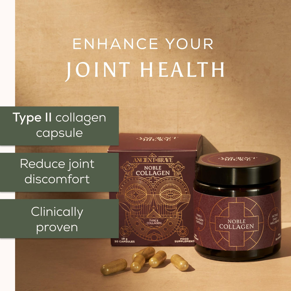 Ancient + Brave Noble Collagen capsules closeup shows vegan capsules.