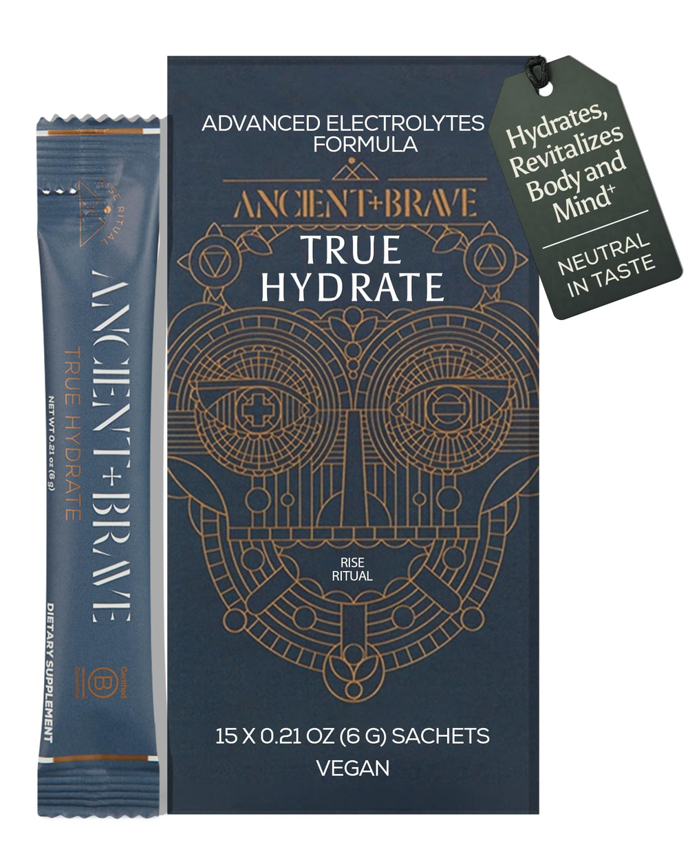 Ancient + Brave True Hydration packaging highlights vegan, convenient hydration