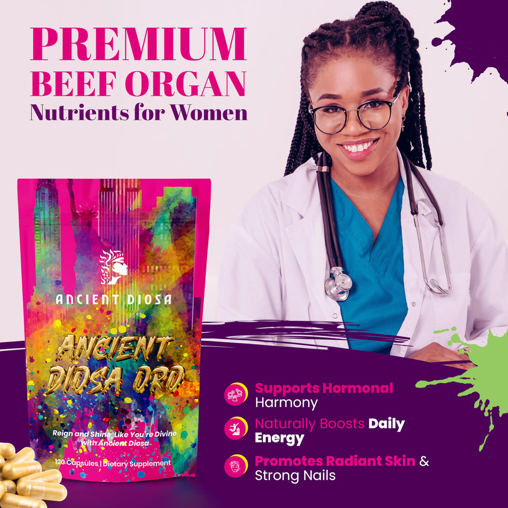 ANCIENT DIOSA beef heart capsules close-up showing organ blend.