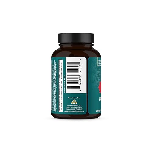 Ancient Nutrition Adrenal Support capsules close-up, showing 60 capsules for daily wellness.