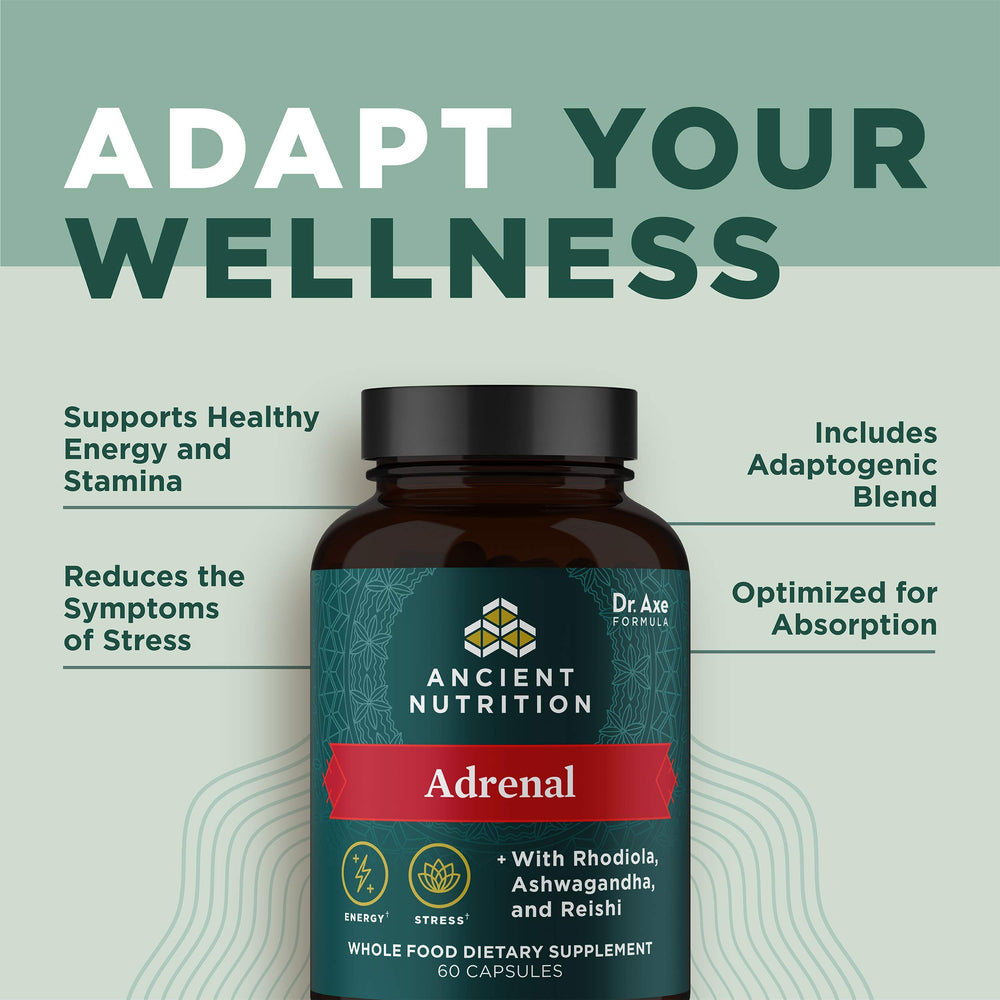 Ancient Nutrition Adrenal Support capsules in hand, suggesting convenient daily use.