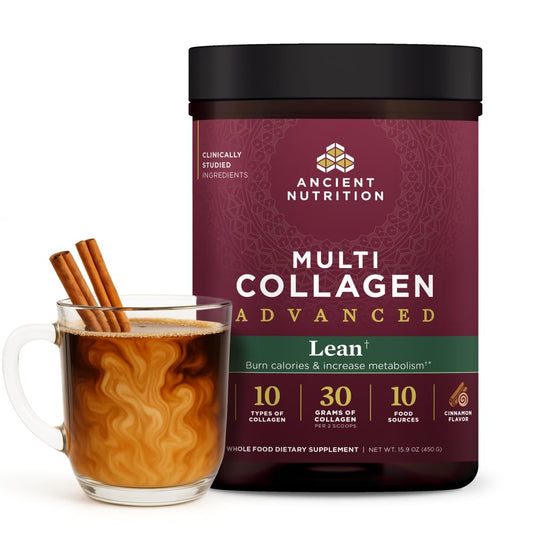 Ancient Nutrition advanced collagen powder tub front showing cinnamon flavor for daily muscle support
