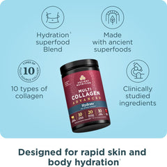 Ancient Nutrition Advanced Multi Collagen Hydrate tub closeup shows premium collagen sources