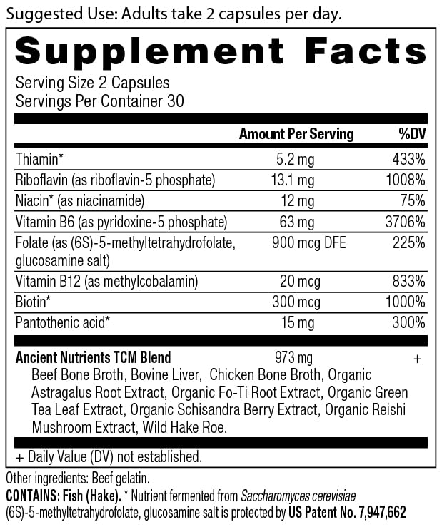 Ancient Nutrition B vitamins bottle shows capsules for cognitive support.