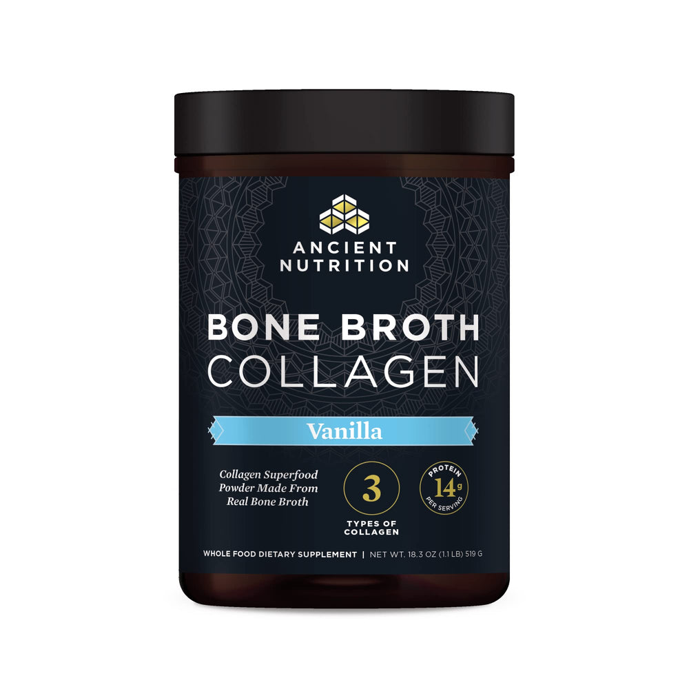 Ancient Nutrition Bone Broth Collagen Vanilla front label showing vanilla flavor and key ingredients