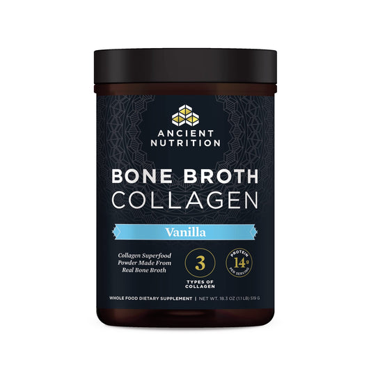 Ancient Nutrition Bone Broth Collagen Vanilla front label showing vanilla flavor and key ingredients