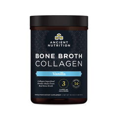 Ancient Nutrition Bone Broth Collagen Vanilla front label showing vanilla flavor and key ingredients