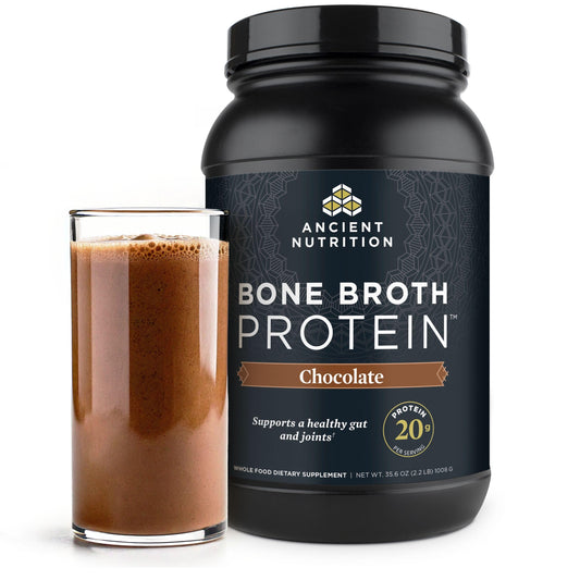 Ancient Nutrition bone broth protein chocolate bottle for convenient daily protein boost