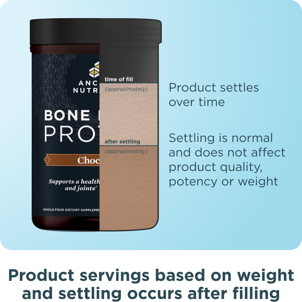 Ancient Nutrition bone broth protein powder nutrition panel close-up with protein per serving visible.