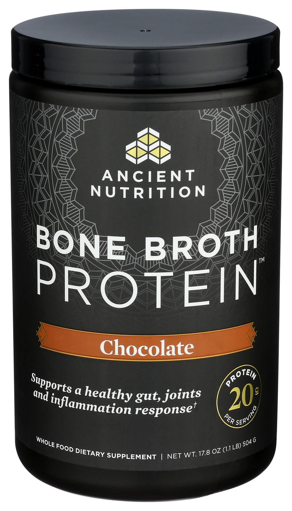 Ancient Nutrition bone broth protein powder stirred into coffee for a chocolate boost.