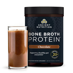 Ancient Nutrition bone broth protein powder tub front view for quick shakes.