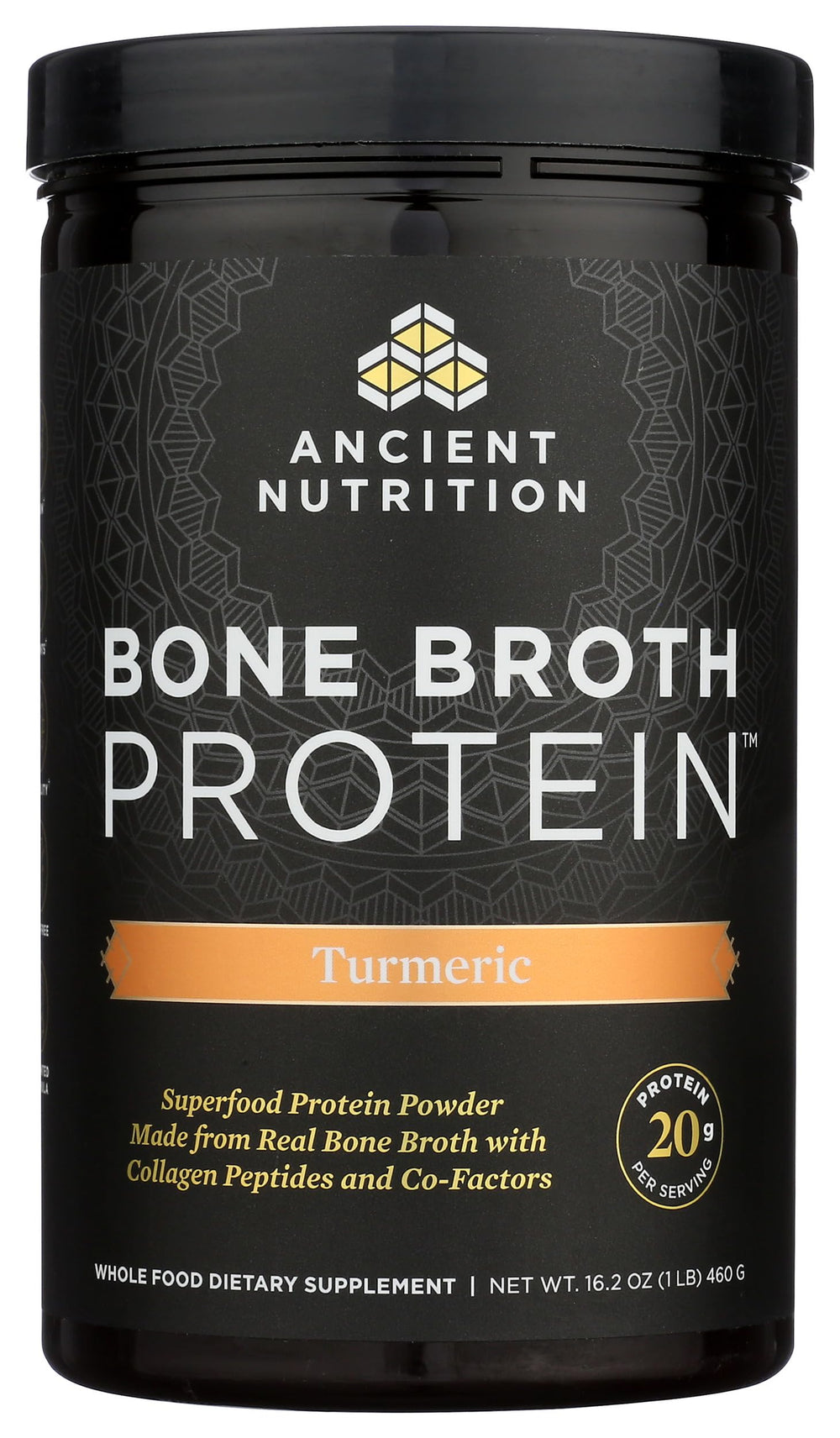 Ancient Nutrition bone broth protein pure tub, versatile in hot broth or cold smoothies.