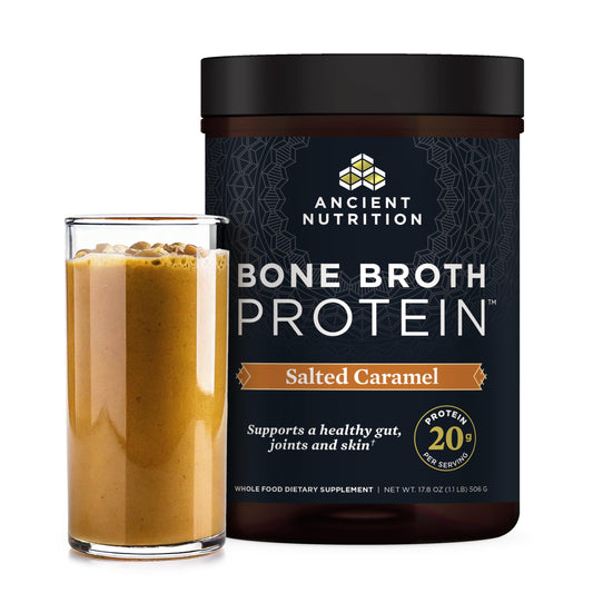 Ancient Nutrition Bone Broth Protein Salted Caramel bottle for easy daily protein