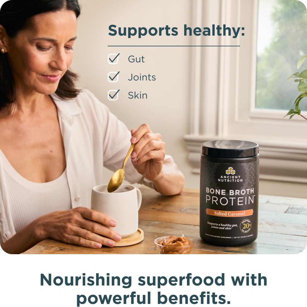 Ancient Nutrition Bone Broth Protein Salted Caramel label highlighting ingredients