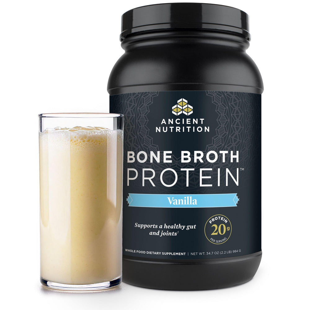Ancient Nutrition Bone Broth Protein Vanilla bottle for quick, high-protein shakes.