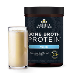 Ancient Nutrition vanilla bone broth protein jar ideal for easy smoothies
