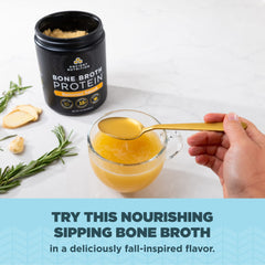 Warm cup of Ancient Nutrition bone broth protein ready to sip